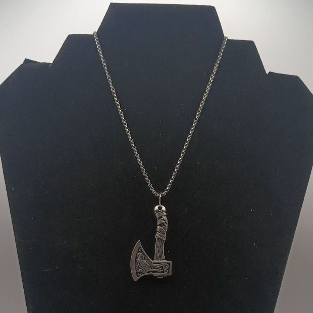 Viking Necklace Wolf Axe Celtic Pendant Nordic Amulet Silvertone 22" Chain